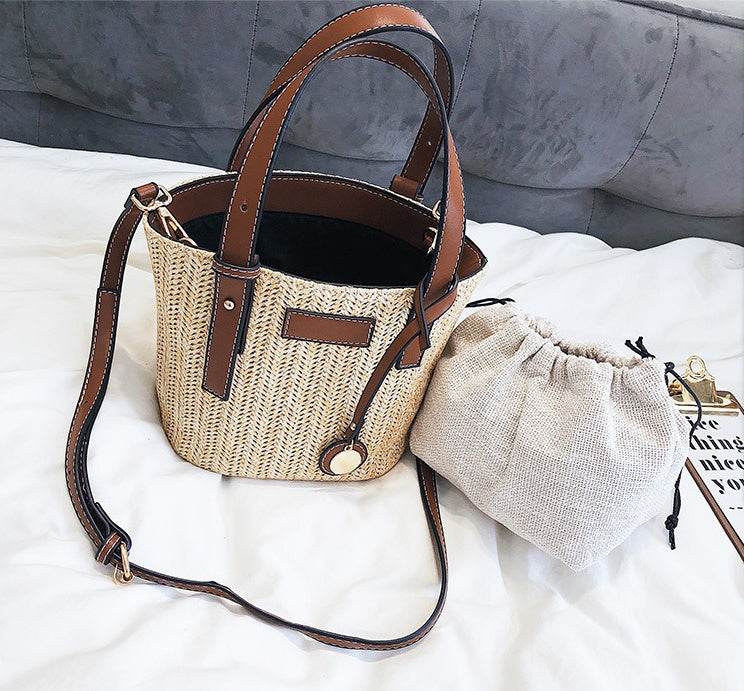 new summer women's bag hand-woven contrast color bucket straw bag cylinder handbag diagonal shoulder beach bag EX-STOCK Canada 