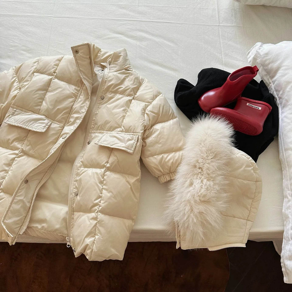 Solid Color Fur Collar Down Jacket Baby Long Section - EX-STOCK Canada