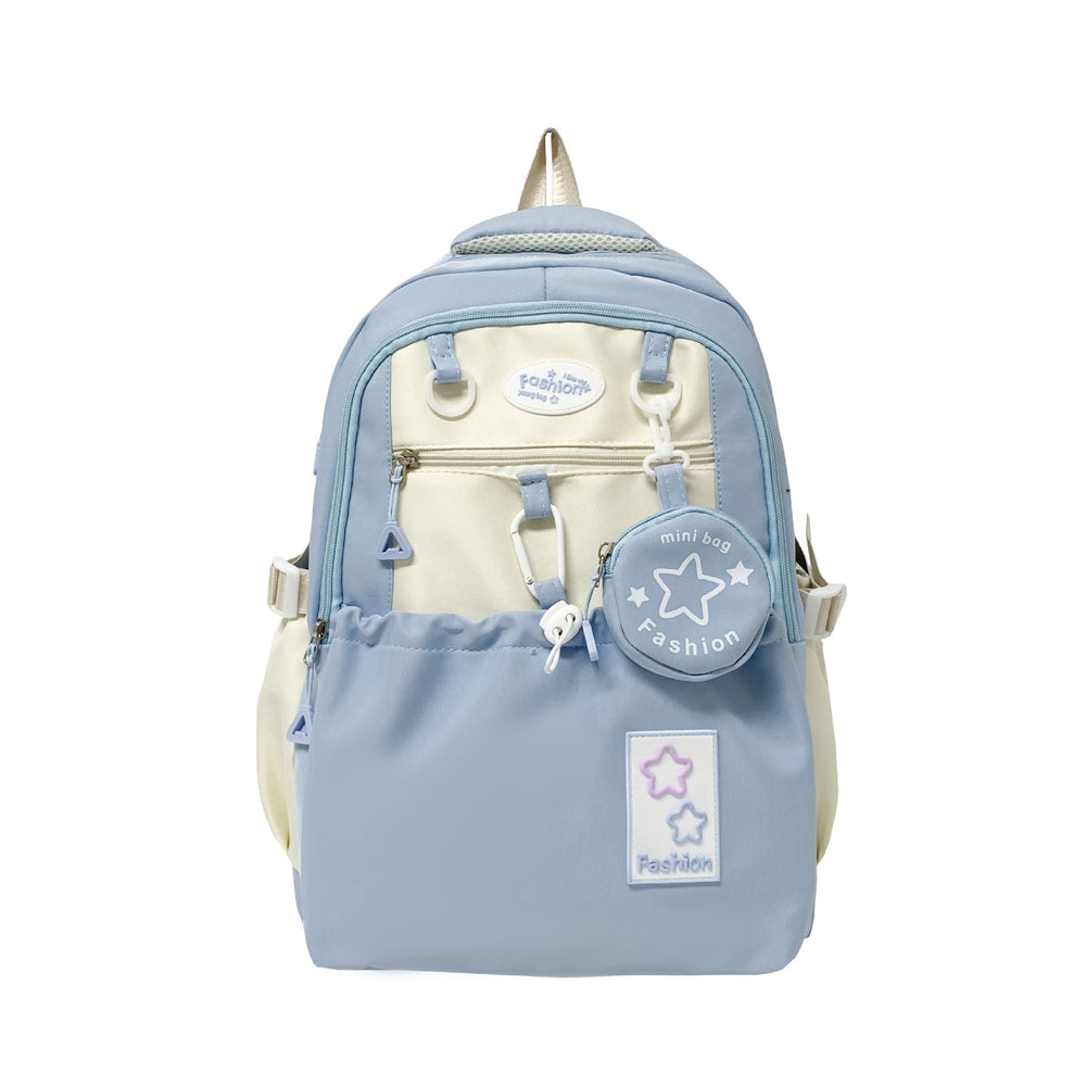 Light blue backpack with beige accents on a white background