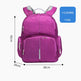 Purple backpack with measurements and weight displayed on a white background