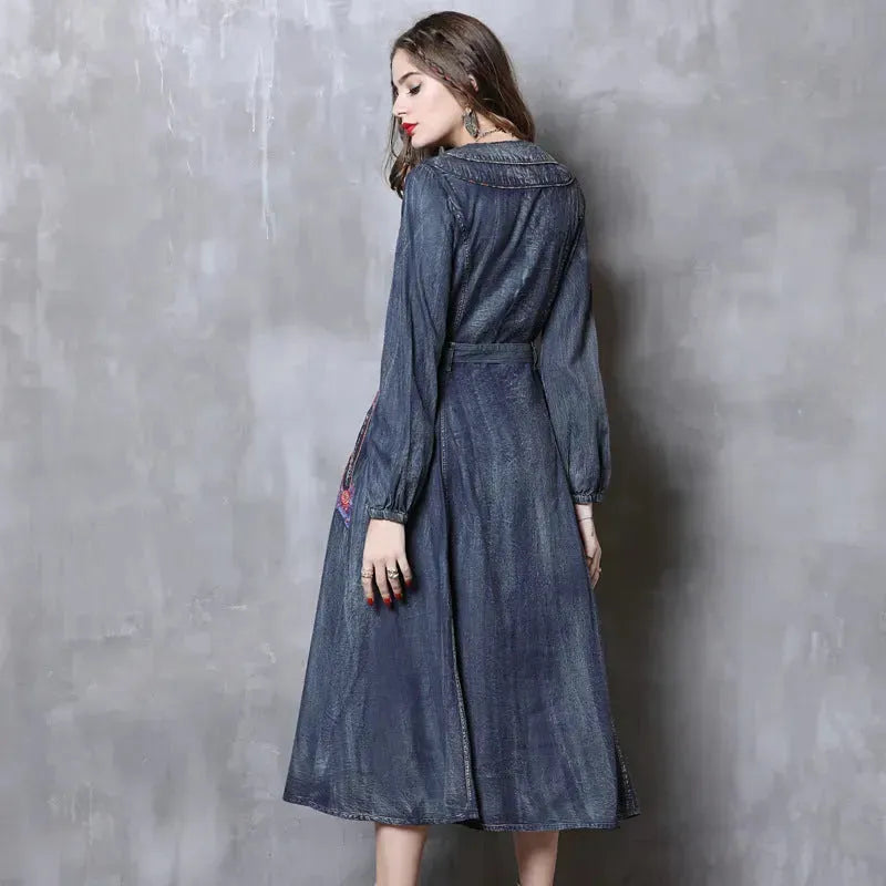 Elegant Classy Long Sleeve Denim dress with belt Flared Embroidered Jeans Dress - EX-STOCK CANADA