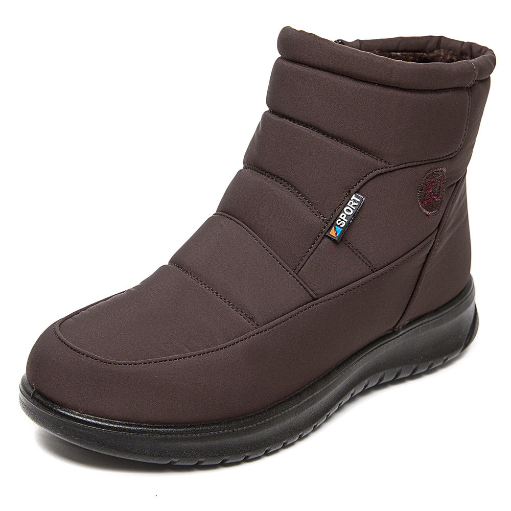 Brown winter boot with a visible brand logo on a white background