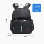 Black backpack with measurements and weight displayed on a white background