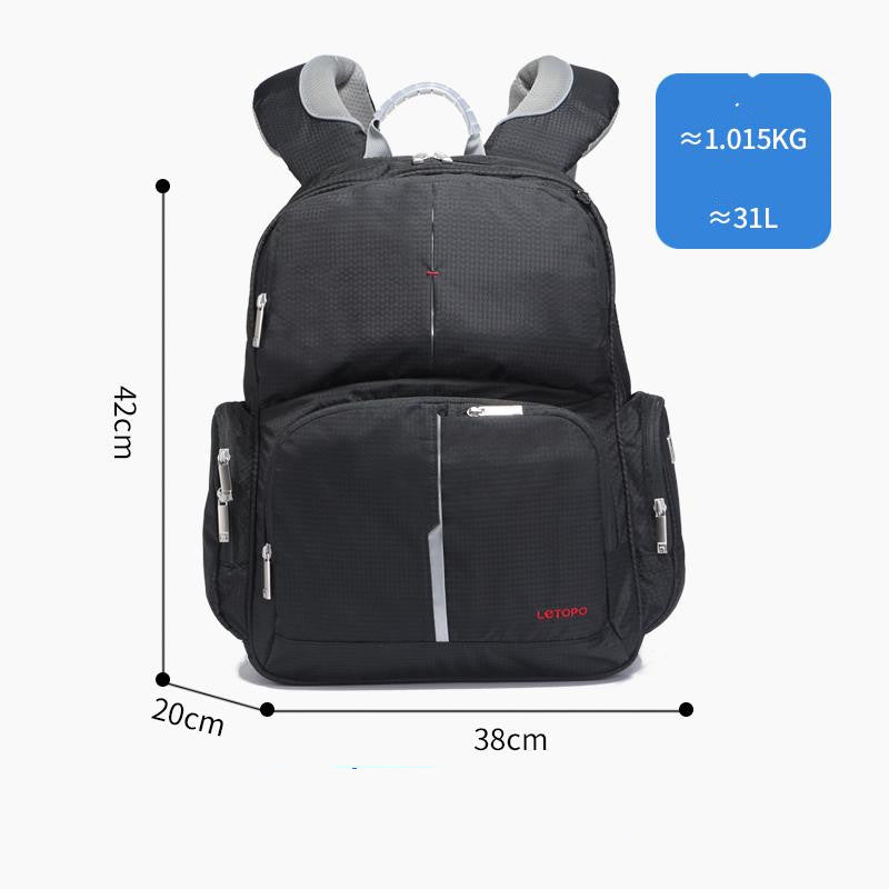 Black backpack with measurements and weight displayed on a white background