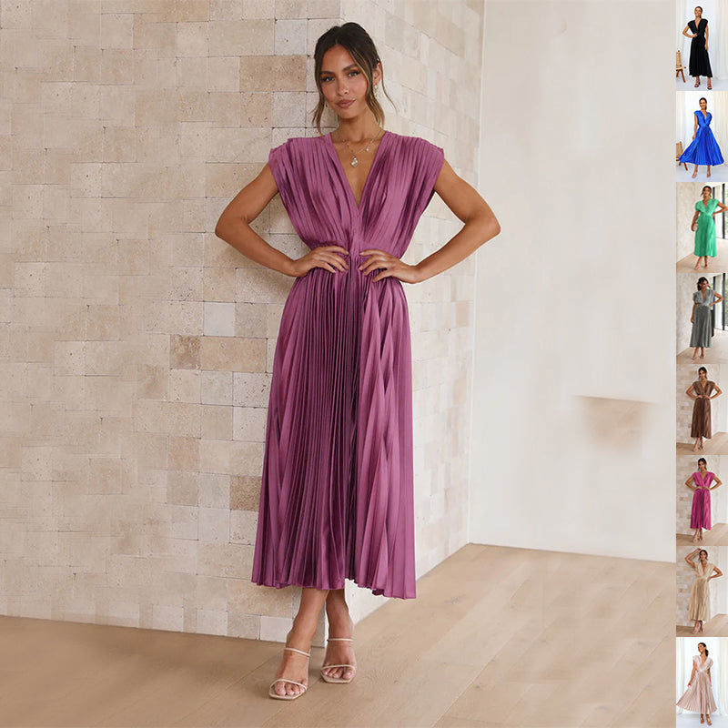 Summer V-neck Pleated Dress INS Fashion Casual Loose Zip Sleeveless Dresses For Women Clothing 