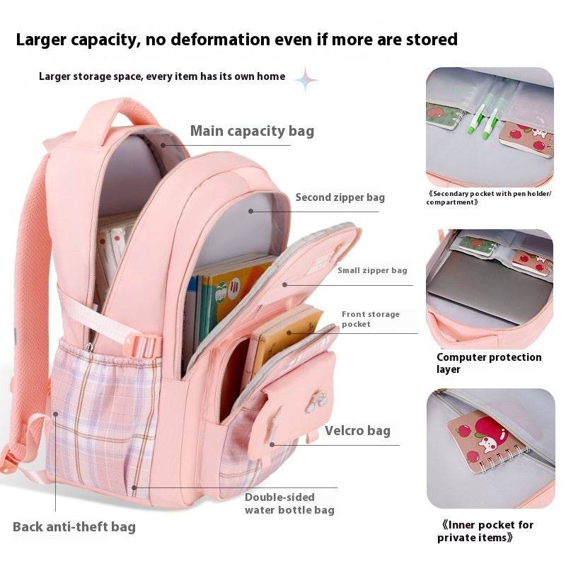 Primary School Student Schoolbag Girls' Plaid Backpack - EX-STOCK Canada