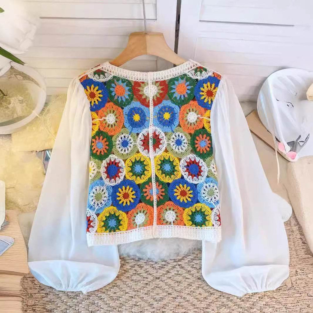 Summer Vacation Style Crocheted Hollow Design Knitted Chiffon Patchwork Long Sleeve Retro Slimming V-neck blouse top For Women - EX-STOCK Canada