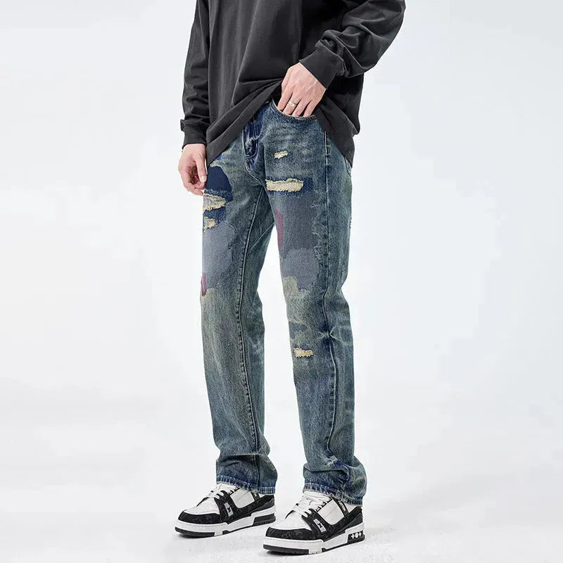 American Style Loose Broken Patch Straight Retro Denim Jeans pant Trousers Men - EX-STOCK CANADA