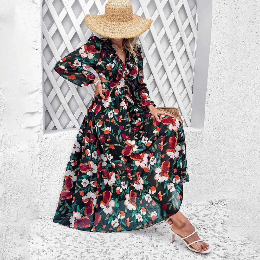 Fashion Florals Print Long Sleeve Dress Casual Holiday Tight-waisted V-neck Dresses Women Clothing - EX-STOCK CANADA