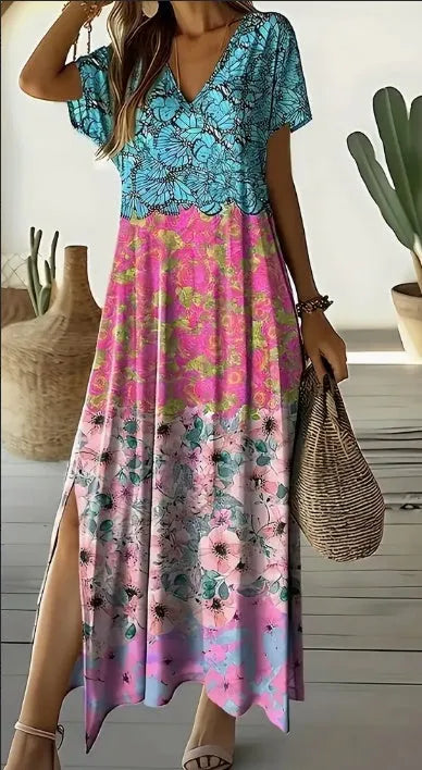 Spring Summer Vacation Resort Beach Slit Boho maxi dress - EX-STOCK CANADA