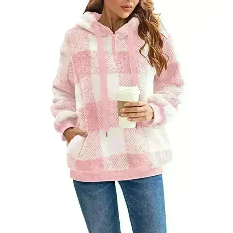 Casual Thick Fleece Plush half zip Plaid Hoodie Pullover top for women - EX-STOCK CANADA