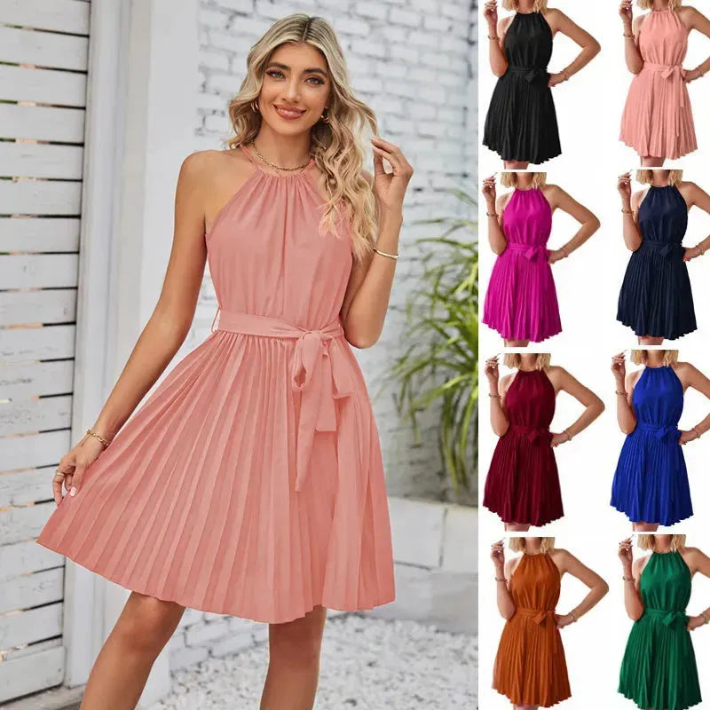 Halter Strapless Dresses For Women Solid Pleated Skirt Summer Beach Sundress - EX-STOCK CANADA