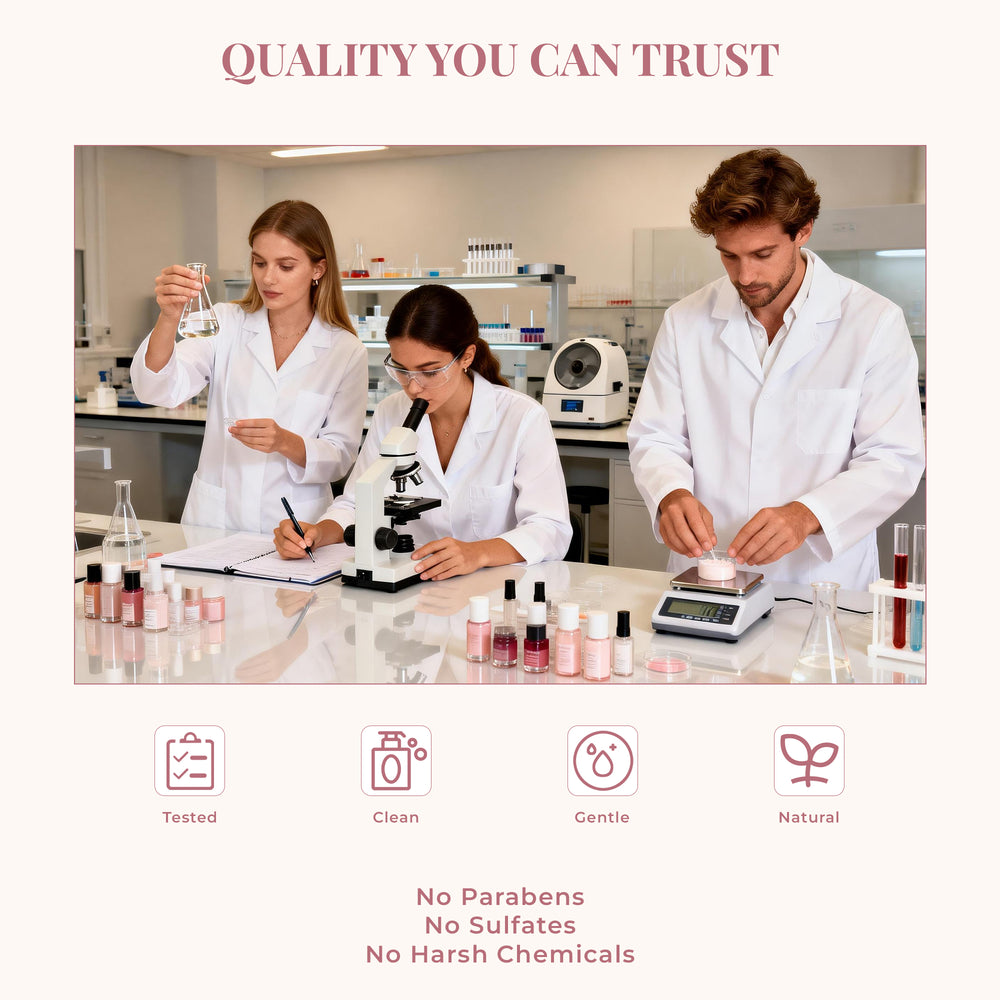 Three scientists in a lab performing various tasks with text about product quality and ingredients.