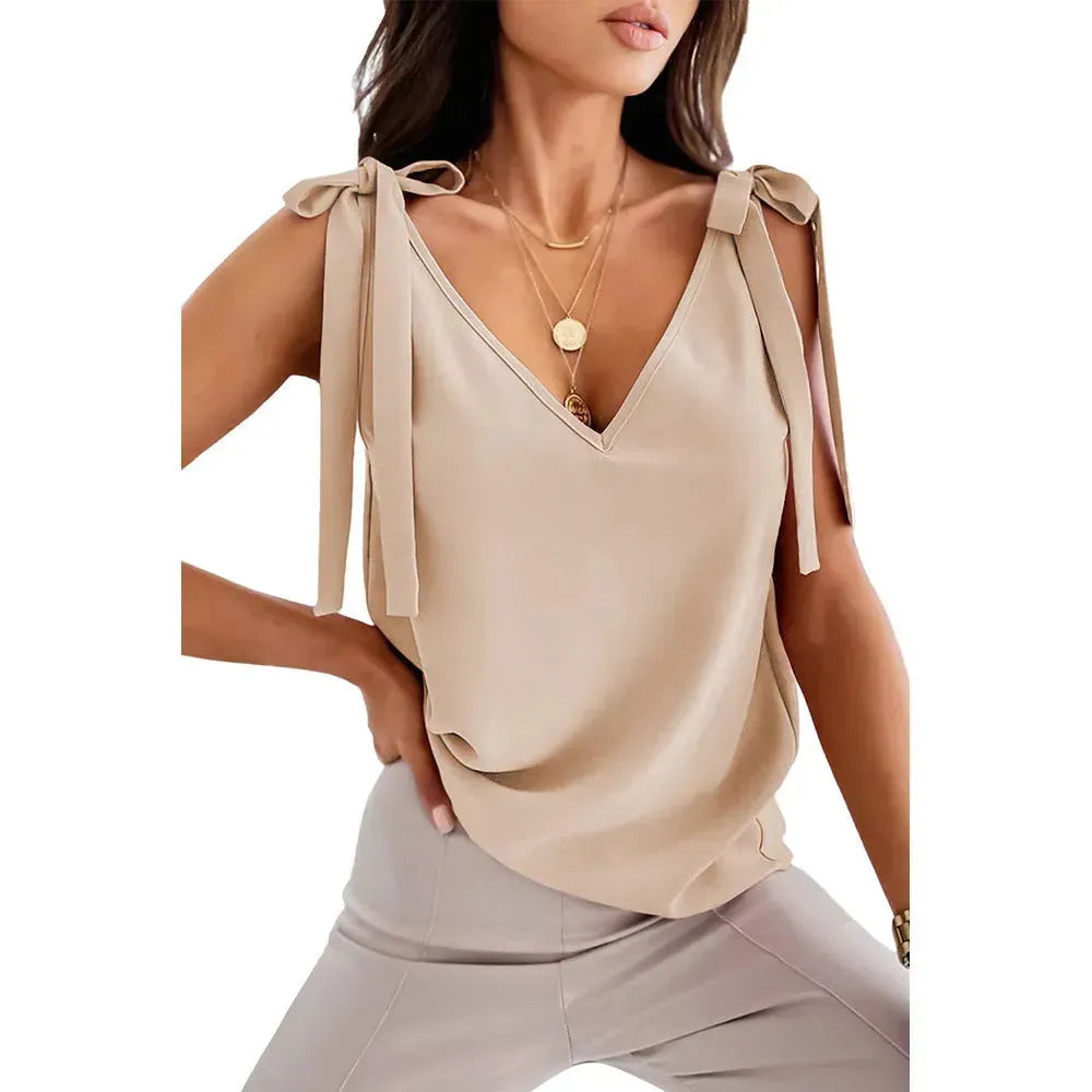 Bowknot Tie Up V-neck top Women Summer Sleeveless Blouse Tops - EX-STOCK CANADA