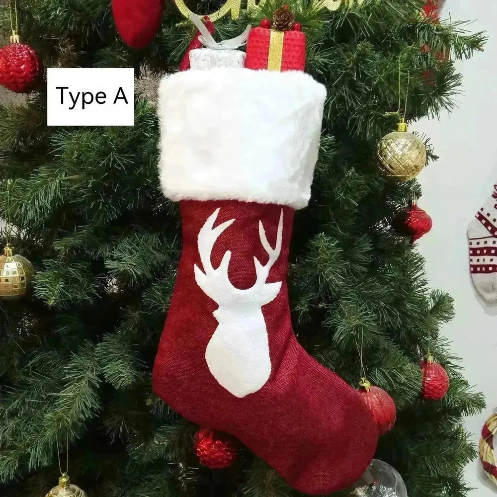 Christmas Stockings Gift Bag Red Hemp Elk Embroidery Christmas Stockings Gift Pendant - EX-STOCK CANADA