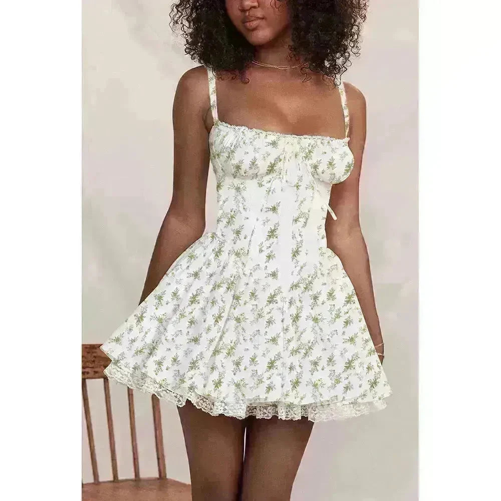 Elegant Chic Women Suspender Mini Skater Dress Summer Fashion Lace-up Slim Waist Pleated Short Dresses For Evening Party Cocktail Occasions - EX-STOCK CANADA