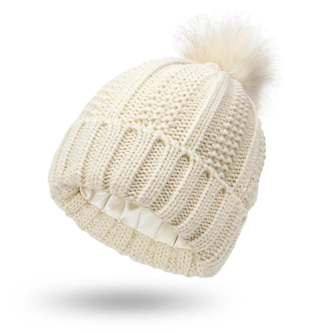 Stretchy Satin Lined Skull Knit Faux Fur Pom Pom Beanie Hat - EX-STOCK Canada
