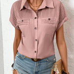 Lapel Shoulder Pleated Pocket Short Sleeve Top Shirt T-shirt Women - EX-STOCK Canada