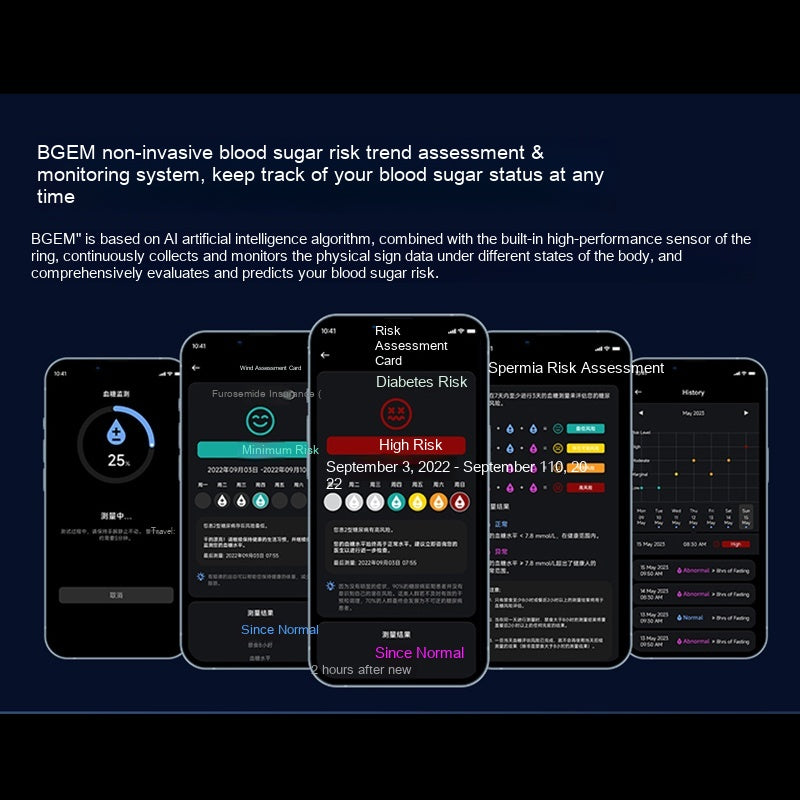Smartphone app interface displaying blood sugar risk assessment on a dark background