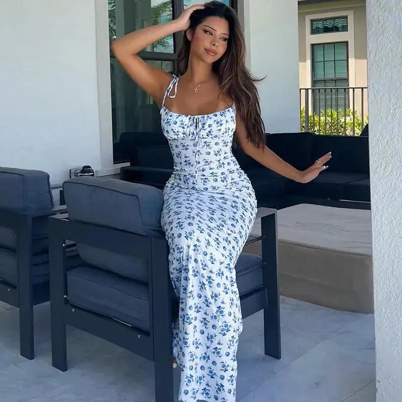 Fashion Flowers Print Suspender Long Dress Summer Lace-up Slim Backless Dresses For Women - EX-STOCK CANADA