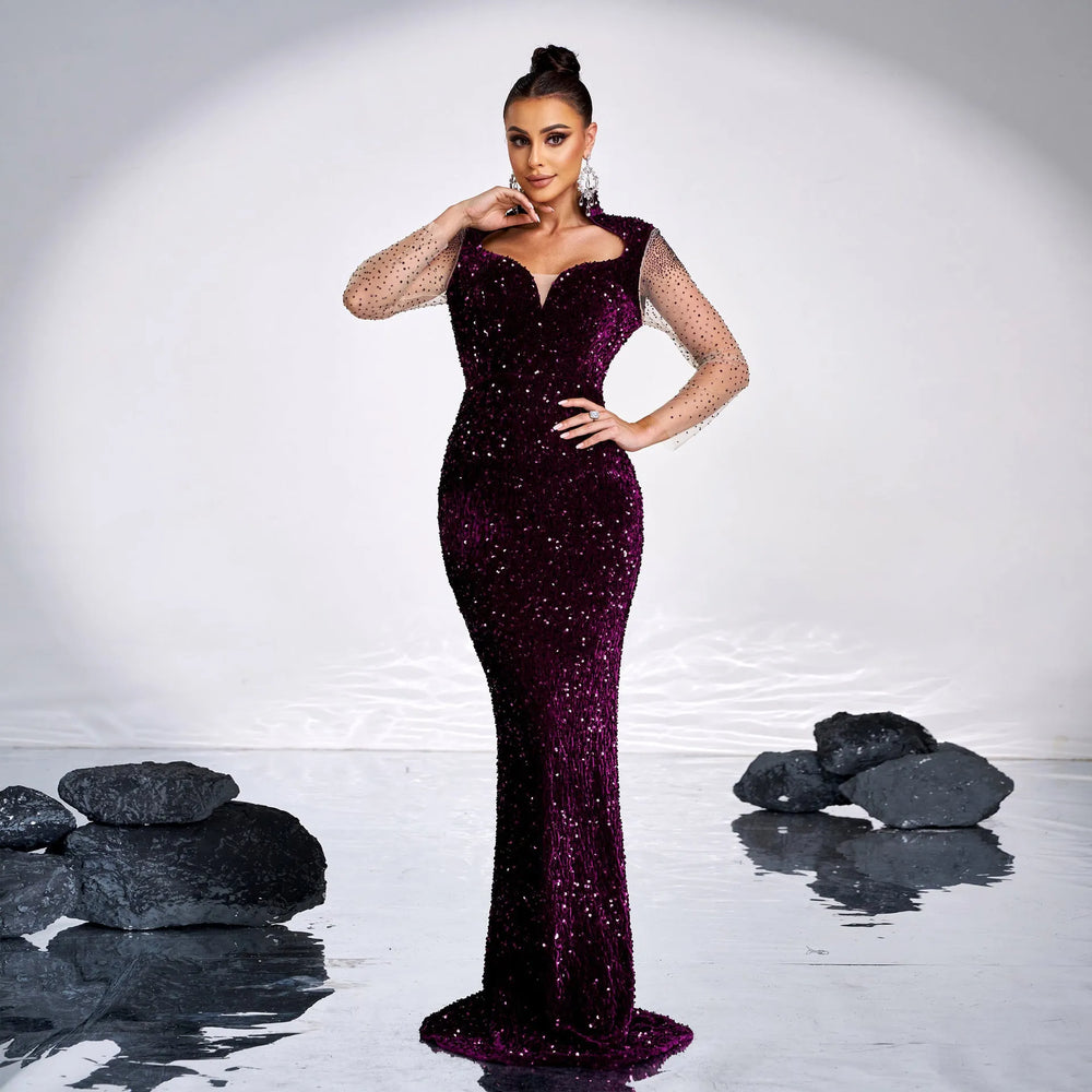 Long Sleeve Banquet Sequined Rhinestone Mermaid Party Dress - EX-STOCK CANADA