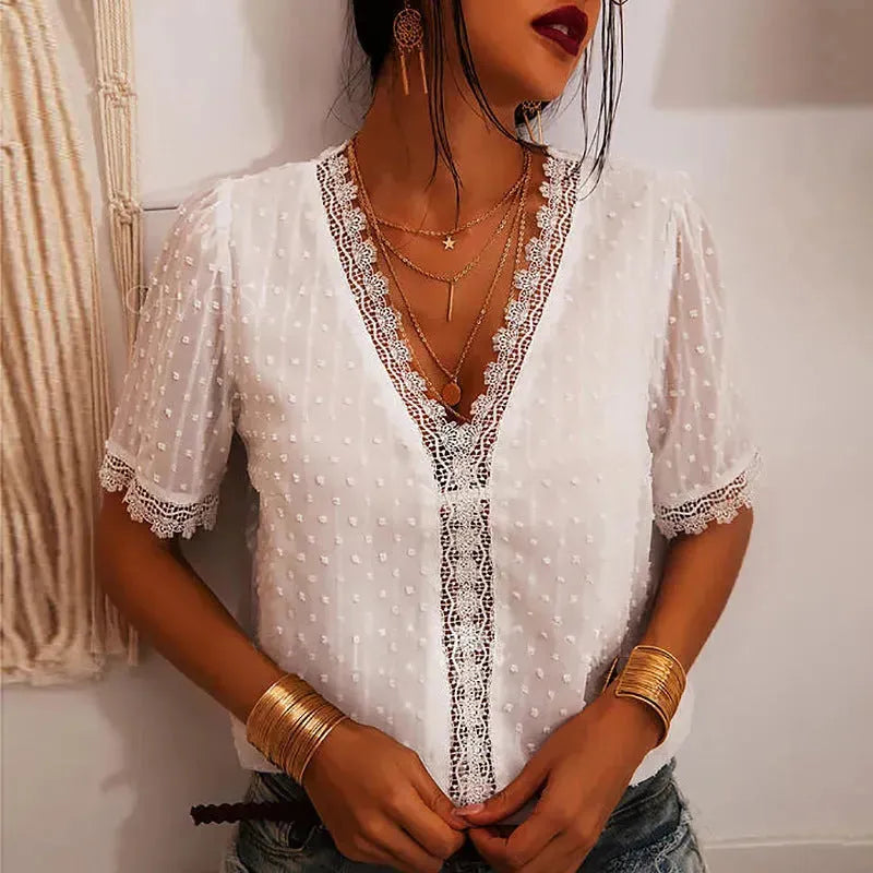Women Chiffon blouse top  European And American spring summer Embroidered Lace Short-Sleeved Blouse Women - EX-STOCK CANADA