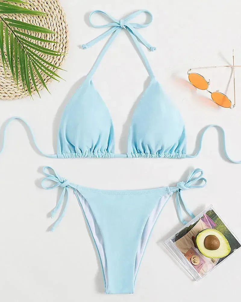Pure Color Tied Halter Bikini Swimsuit - EX-STOCK CANADA