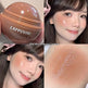 A four-panel collage showing a brown cosmetic pot labeled CAPPUVINI, a close-up of a woman's face with pink blush, a close-up of the cheek with text '05# Malt Fragrant Coconut', and a swatch of the powder on skin. The product appears to be a blush or makeup shade.