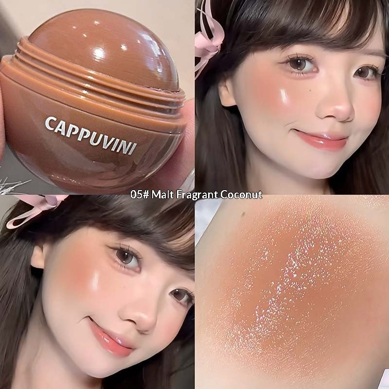 A four-panel collage showing a brown cosmetic pot labeled CAPPUVINI, a close-up of a woman's face with pink blush, a close-up of the cheek with text '05# Malt Fragrant Coconut', and a swatch of the powder on skin. The product appears to be a blush or makeup shade.