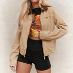 Color Blocking Collar Zipper Denim Jacket For Women EX-STOCK Canada 