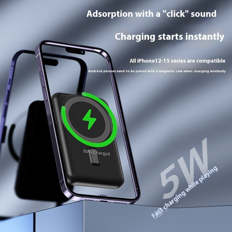 Phone case with wireless charging feature and compatibility information on a gray background