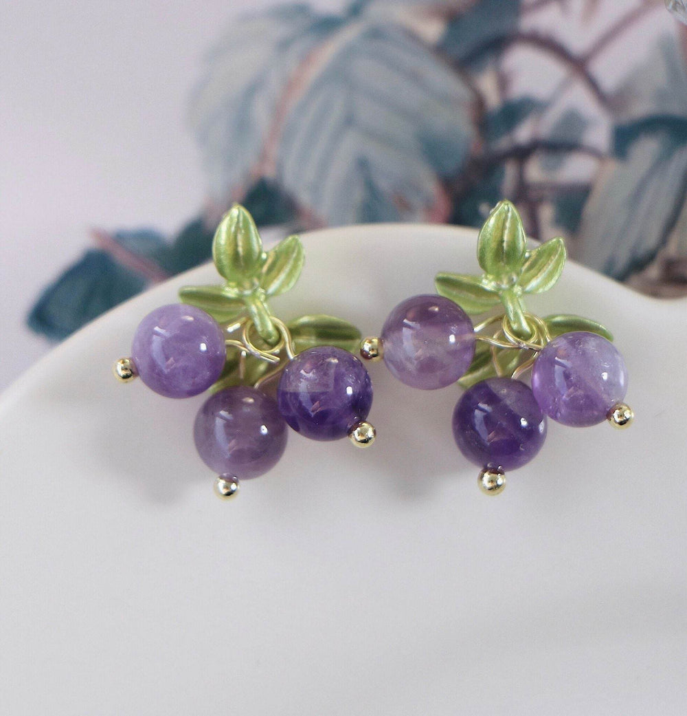 Female Purple Blueberry Fruit Beaded Earrings - EX-STOCK Canada