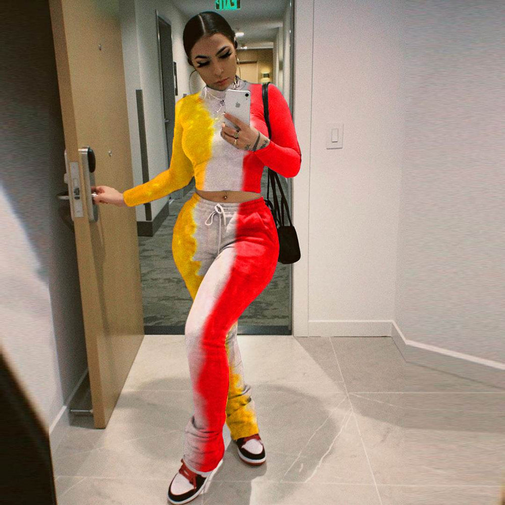 Tie-Dye 2pcs Women Long sleeve Drawstring Sweatsuit Outfit set - EX-STOCK Canada