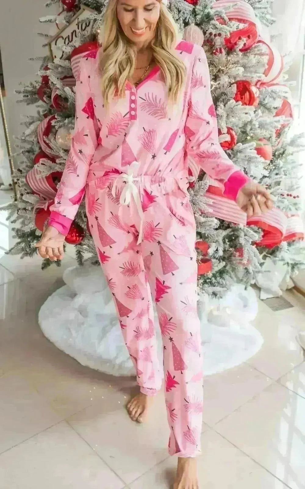 Christmas Pajamas Suit Christmas Tree Printed Long Sleeve Button Two-piece Set - EX-STOCK CANADA