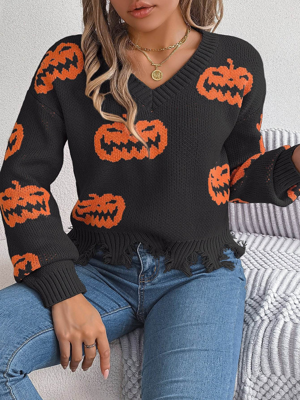 Halloween Contrast Color Pumpkin Cut Long Sleeve Sweater - EX-STOCK Canada