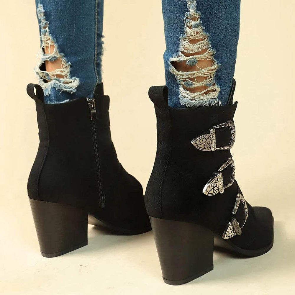 Chunky Heel Pointed Toe Boots With Belt Buckle Design Retro Mid-calf Boot Fashion Fall Winter Shoes For Women - EX-STOCK Canada