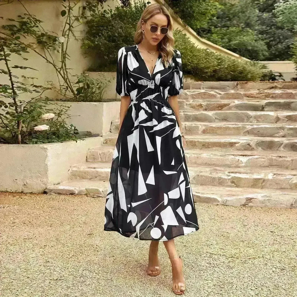Summer Chiffon Floral Printed Temperament Waist-controlled V-neck Casual Midi Dress - EX-STOCK CANADA
