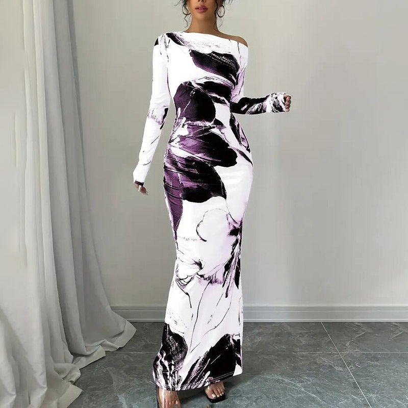 Elegant Long Sleeve Off-Shoulder Tie-Dye Floral Bodycon Dress Stretchy Season Party & Casual Dress EX-STOCK