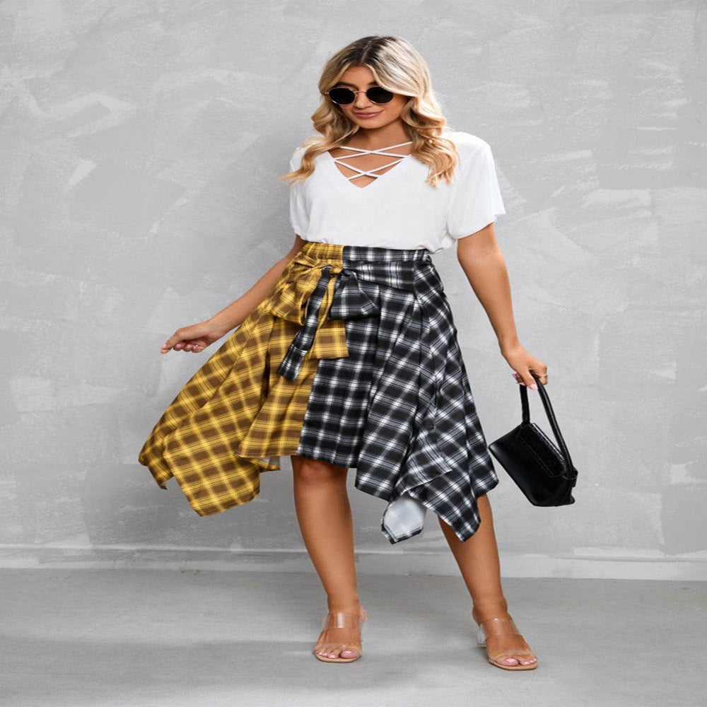Elegant Irregular Lace-Up Check Midi Skirt street wear fashion Women's Plaid Skirts High Waisted Knot Front Asymmetrical Hem Mini Skater Skirt - EX-STOCK Canada