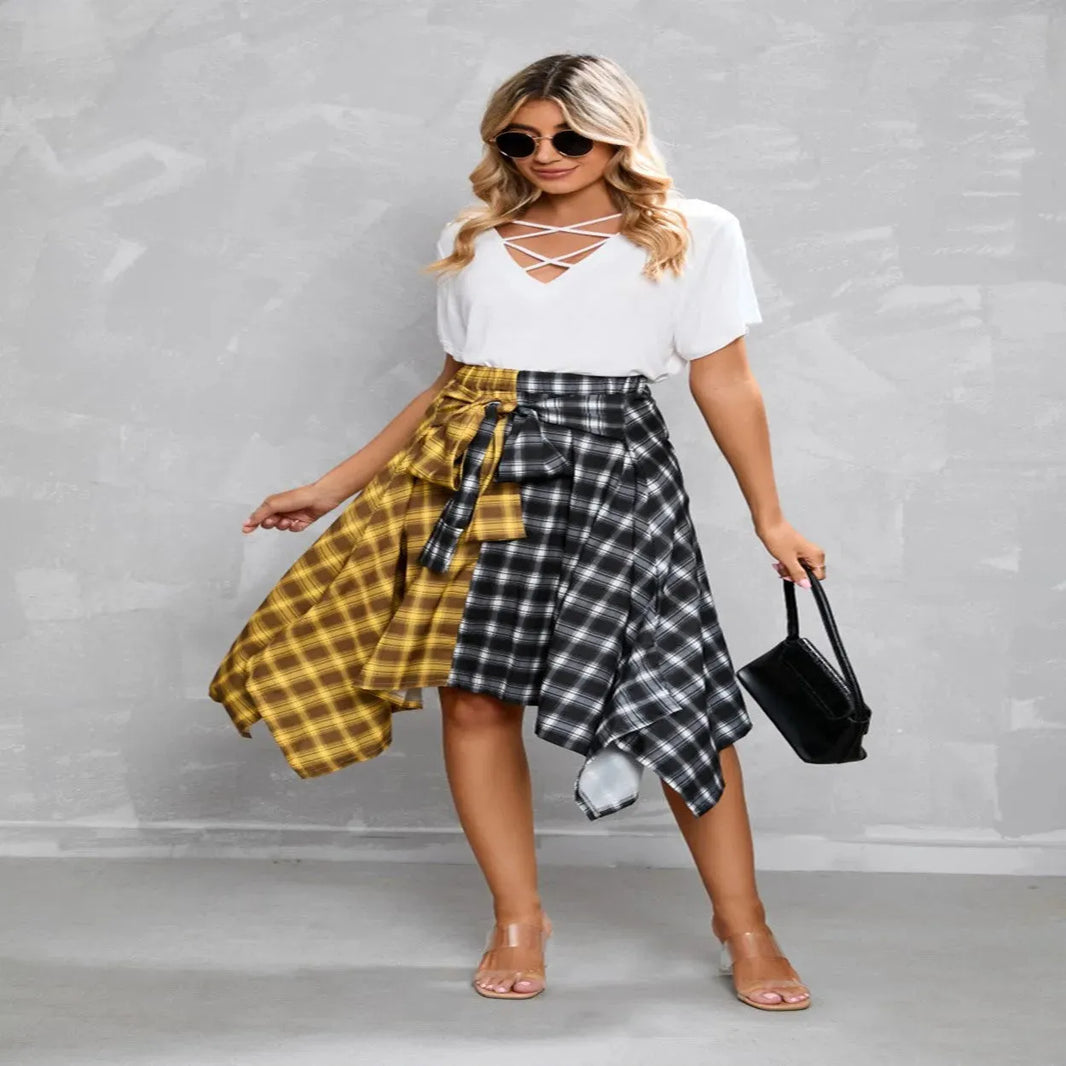 Elegant Irregular Lace-Up Check Midi Skirt street wear fashion Women's Plaid Skirts High Waisted Knot Front Asymmetrical Hem Mini Skater Skirt - EX-STOCK CANADA