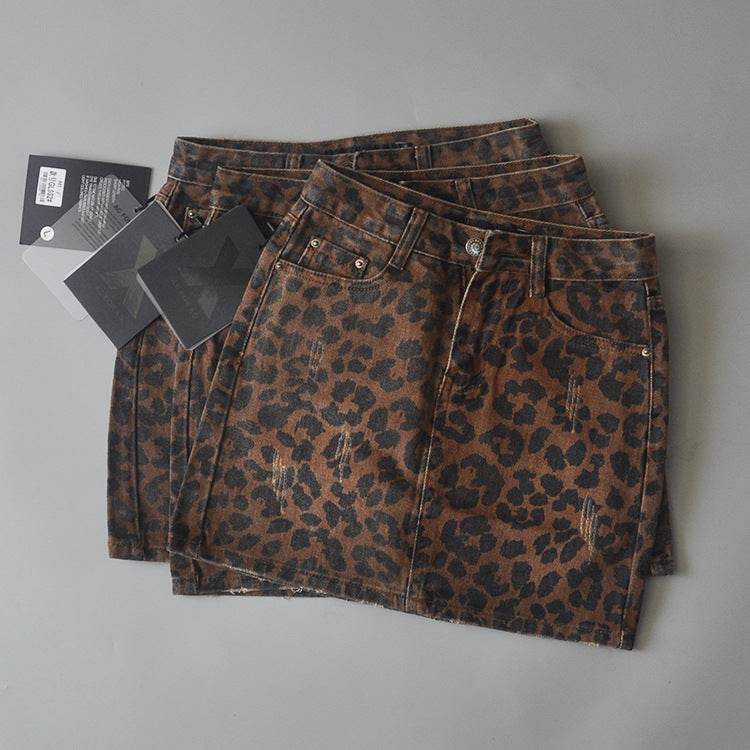 Leopard Print Mini Denim Skirt Women's High Waist Pencil Skirt - EX-STOCK Canada