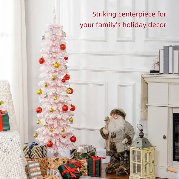 5ft Snow-Flocked Artificial Christmas Tree, Slim Pencil Xmas Tree With 301 Realistic Branches, Metal Base, EX-STOCK Canada 