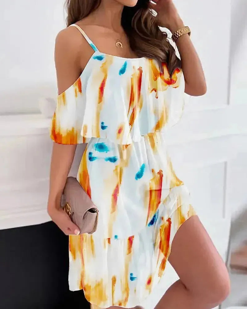 Flower Printed Ruffled Suspender Dress Summer Off-the-shoulder Strap Dresses Women - EX-STOCK CANADA