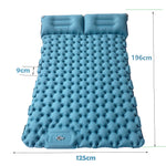 Blue inflatable mattress with dimensions on a white background