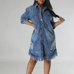 Women's Fashion 3/4 sleeve Mid Length loose Denim Jeans Dress - EX-STOCK Canada