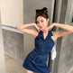Mini Sleeveless Sheath Denim jeans halter neck Dress - EX-STOCK Canada