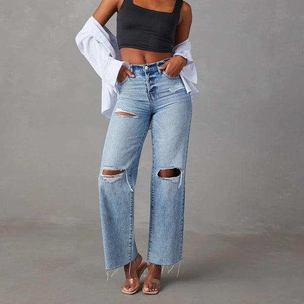 Jeans pour femmes à taille haute, jambe droite, ourlet brut déchiré – Denim lavé décontracté