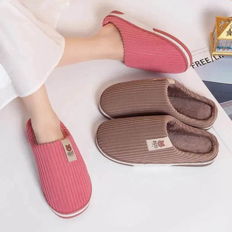 Solid Color Striped Slippers For Women Thick-soled Anti-slip Indoor Warm Plush Home Shoes Couple Women Men Slipper Winter - EX-STOCK Canada