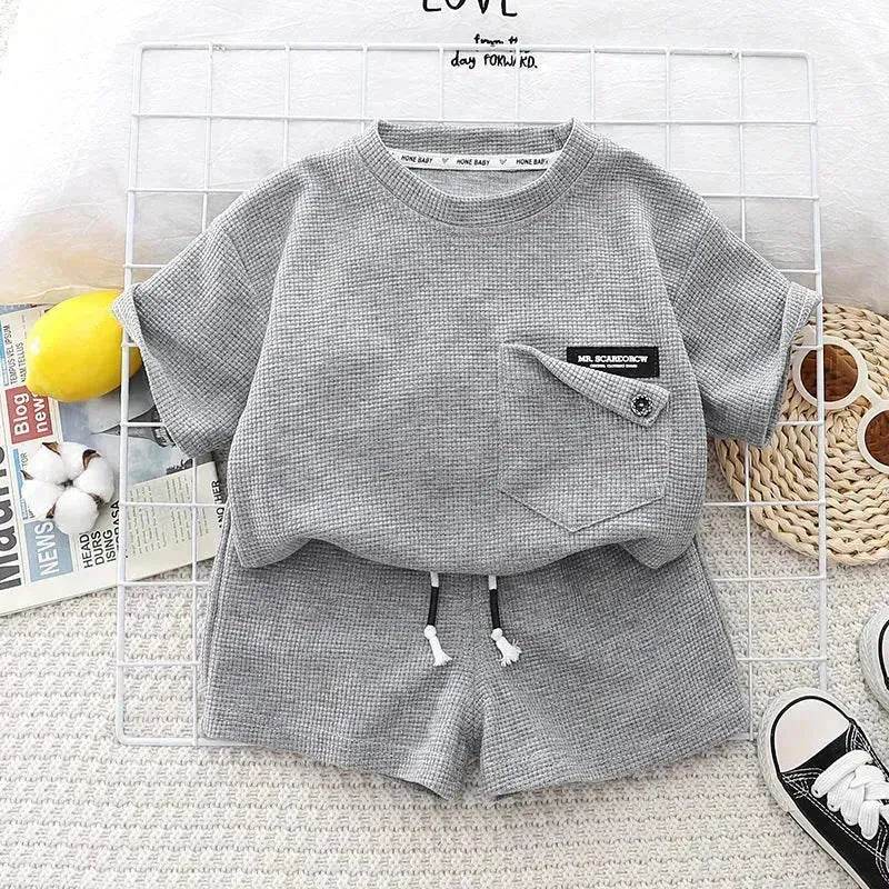 Children's Summer Clothing Casual Plain color Cotton Short Sleeve shirt and Short pant Two-piece Set - EX-STOCK Canada