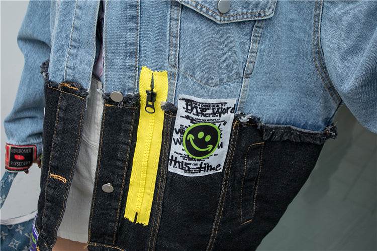 Personality Stitching Graffiti Patch Denim Loose Jacket Women EX-STOCK Canada 